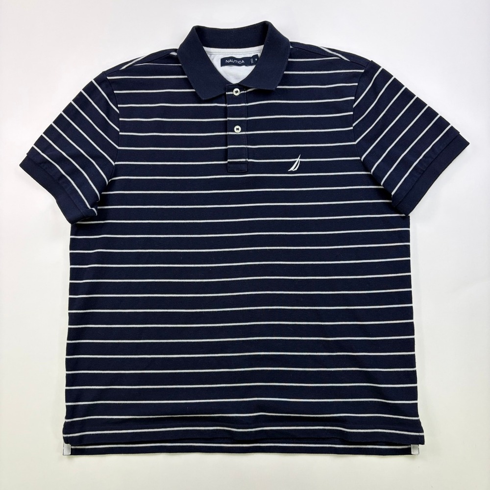 Nautica Striped Polo Shirt Mens Medium Navy White Short Sleeve Stretch Pique